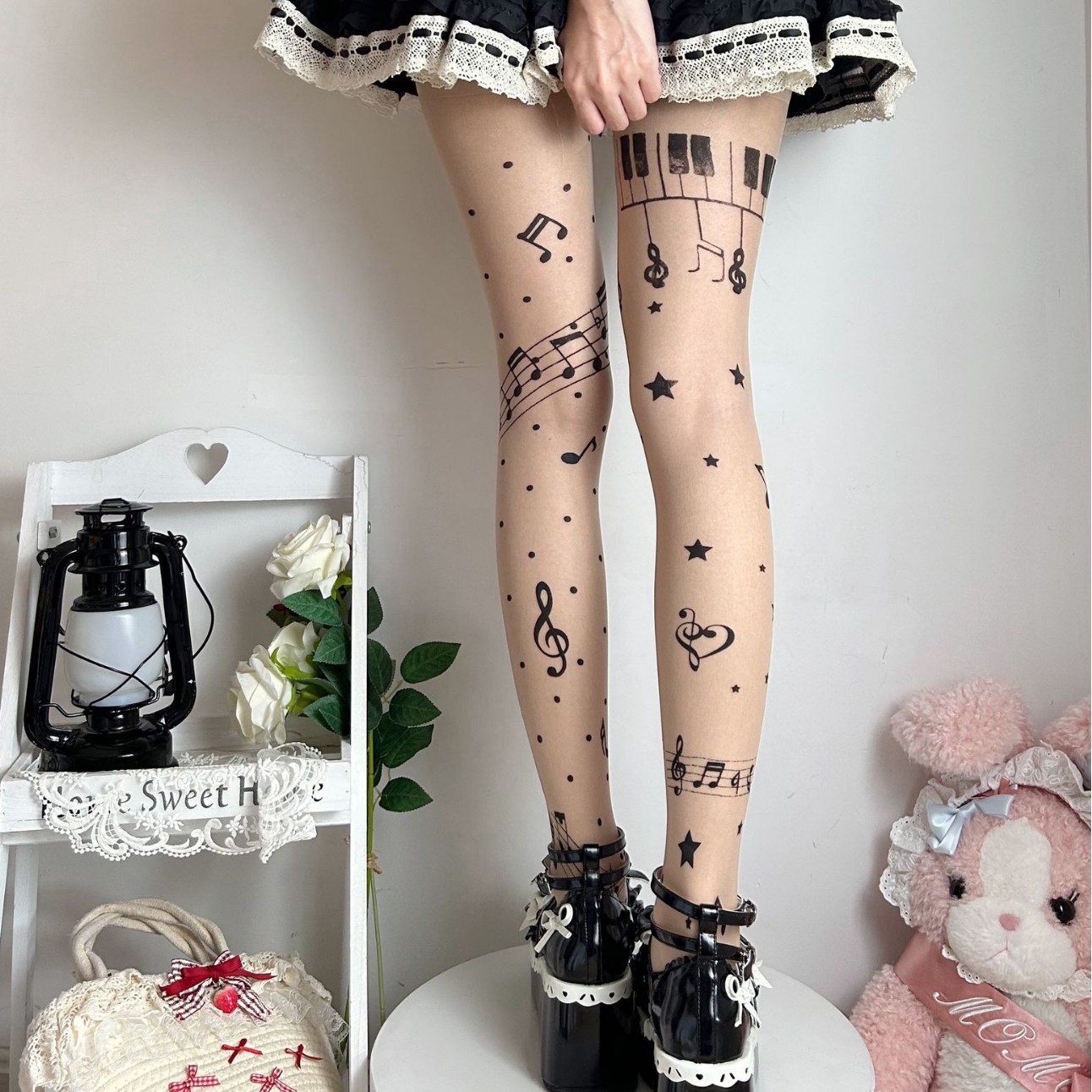 Personalized Style Black Sweet Musical Note Women's Pantyhose Thin Lolita Stockings Wholesale Factory Direct Sale