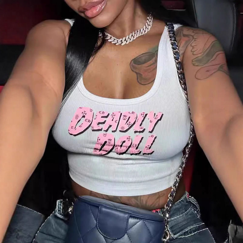 2024 Summer Fashion Sexy Letter Print U Neck Small Vest Top