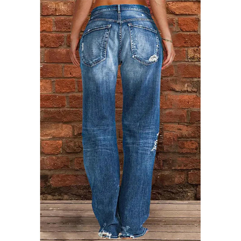 Cross-Border Foreign Trade Women's Denim European And American Trend Mid-Waist Ripped Casual Straight Pants Factory_ecoleips.com