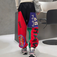 彩色拼接休闲裤冬季新款加绒撞色卡通图案潮牌大码宽松束脚卫裤女