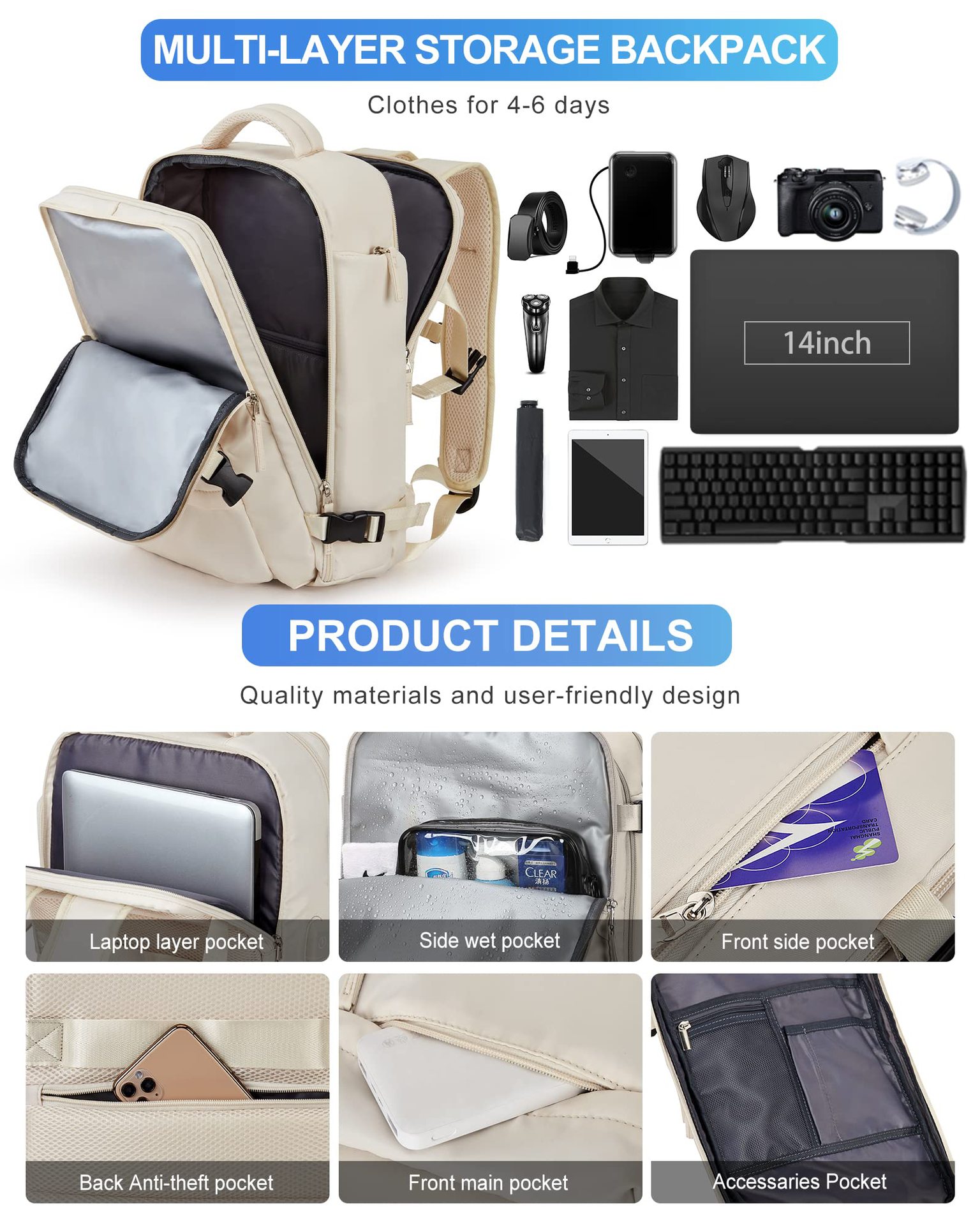 1875g Weight Nylon Lining Material Zipper Closure Type Double Shoulder Straps Strap Type Functional Backpack Bags Type Travel, Daily Occasion Nylon Material Women's Backpack Backpack Solid Color Pattern All Seasons Season Unisex Gender Streetwear Style Square Shape Solid Color Travel Daily Women's Backpack 34