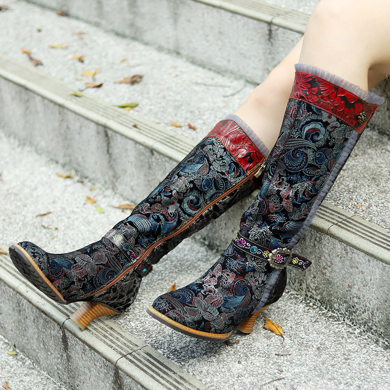 2023 New Autumn and Winter Cross-border Spot Hand-rubbed Genuine Splicing Retro Palace Style Lace High-heeled Boots