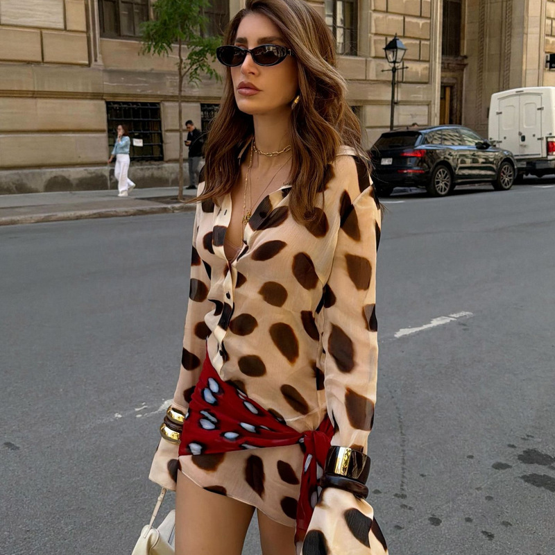 Cross-Border Vintage Smudged Leopard Print Long-Sleeved Shirt Dress European and American Elegant Street Style Lace-Up Short Skirt Foreign Trade Hot Item Cross-Border Vintage Smudged Leopard Print Long-Sleeved Shirt Dress European and American Elegant Street Style Lace-Up Short Skirt Foreign Trade Hot Item