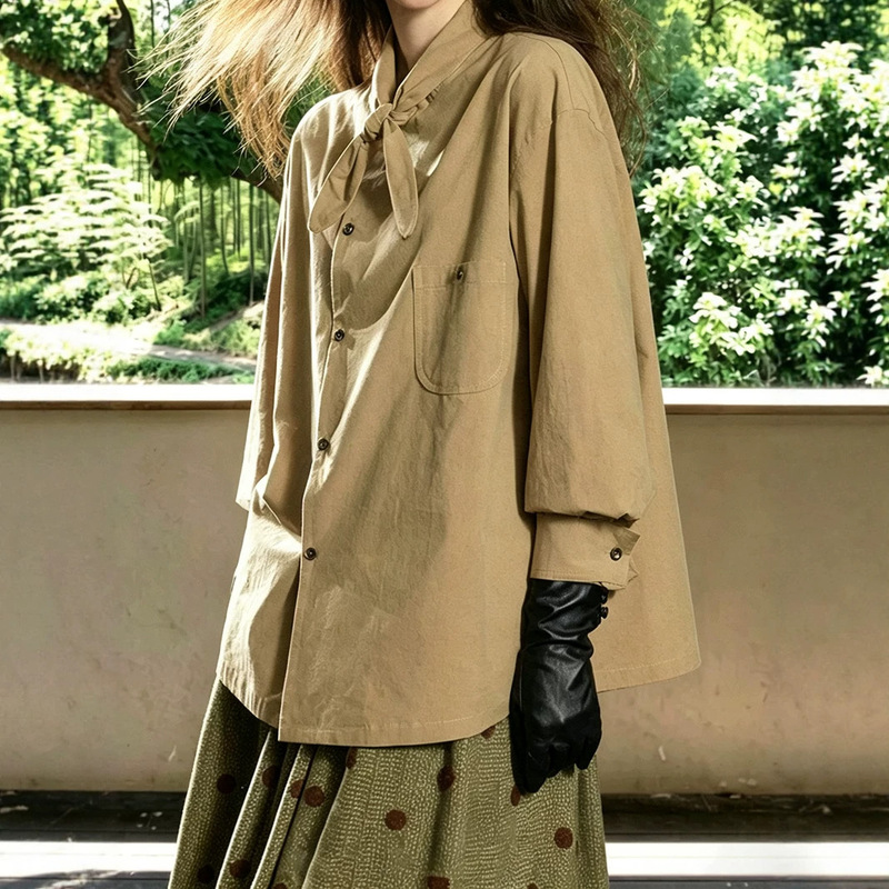 Artistic brown-yellow diagonal placket design, lace-up long-sleeve shirt, pure cotton, early autumn, loose fit, women's shirt D0820 Artistic brown-yellow diagonal placket design, lace-up long-sleeve shirt, pure cotton, early autumn, loose fit, women's shirt D0820