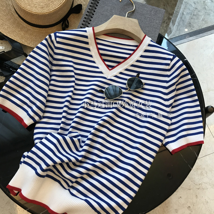 这款Y定要入！清爽蓝白条纹宽松圆领/V领海魂衫针织衫T恤女春夏薄|undefined