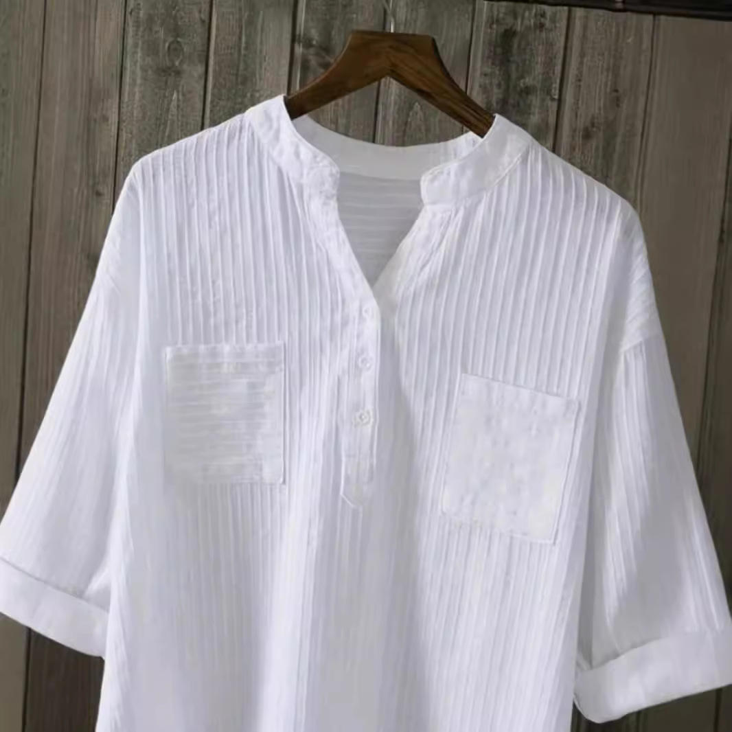 2024 European and American plus size Women's White Shirt Women's Long Sleeve New Outfit Loose Casual Design V-Neck Shirt