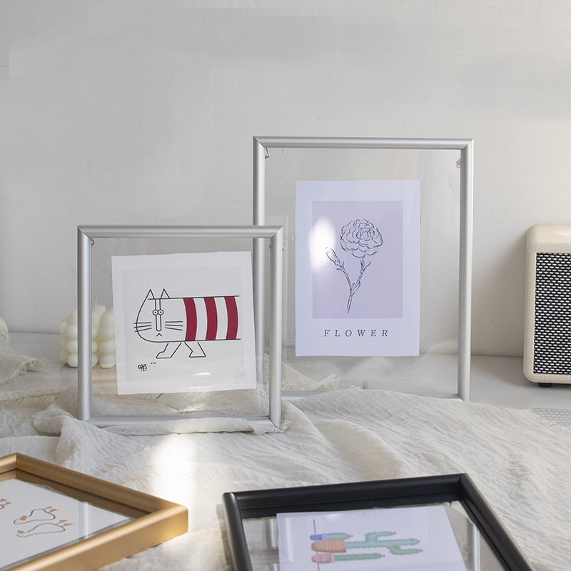 Double-sided transparent light luxury metal table photo frame 6-inch 8-inch 10-inch wall hanging calligraphy and painting poster embossed Nordic aluminum alloy