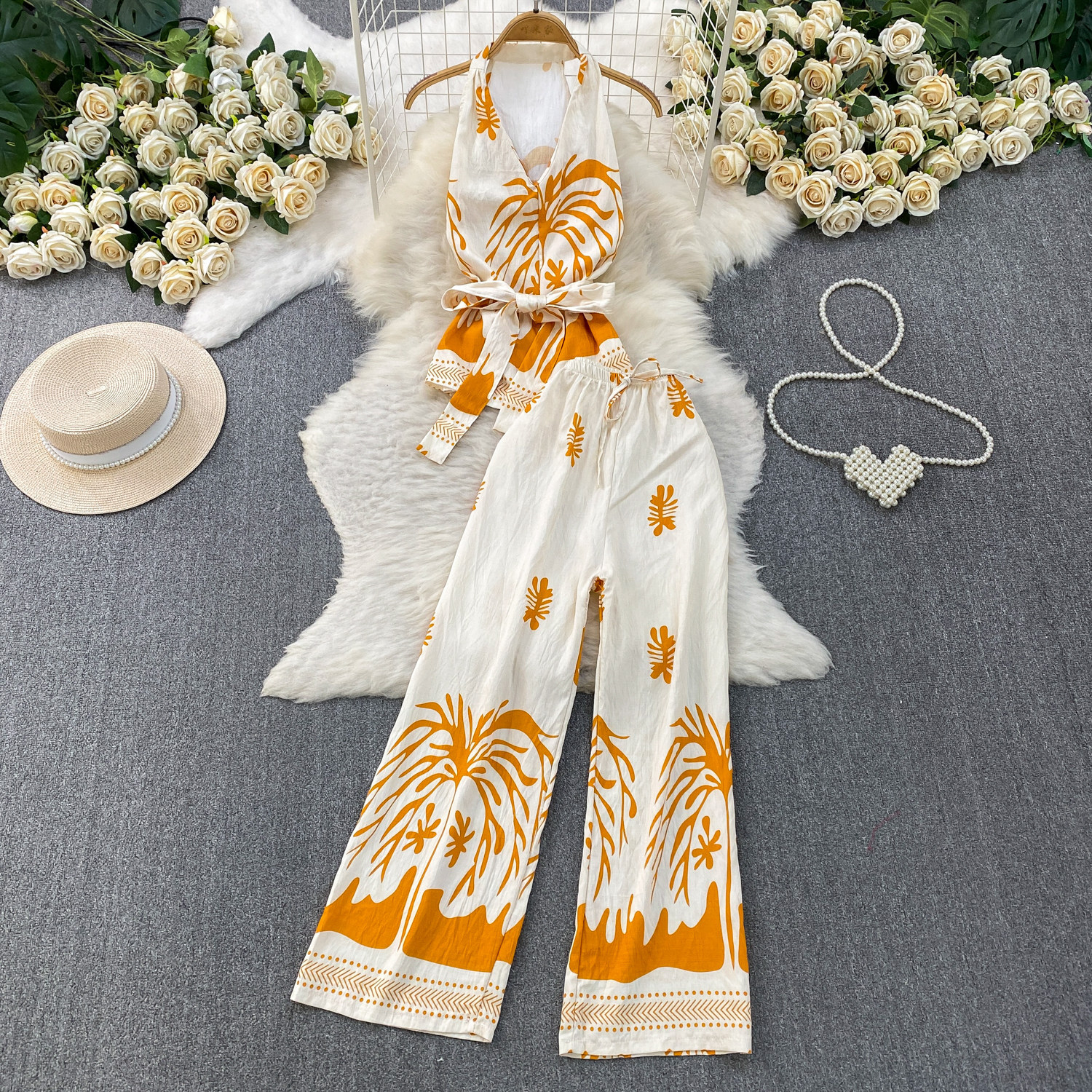 French-Inspired Sleeveless Top & High-Waisted Wide-Leg Pants Two-Piece Set, Floral Print Casual Outfit_ecoleips.com