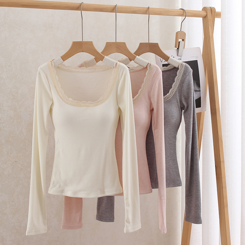 Korean Style Expanded Lace Warm Base T-Shirt for Women 2025 New Autumn and Winter Long-Sleeved Inner and Outer Tops with Chest Pads Korean Style Expanded Lace Warm Base T-Shirt for Women 2025 New Autumn and Winter Long-Sleeved Inner and Outer Tops with Chest Pads