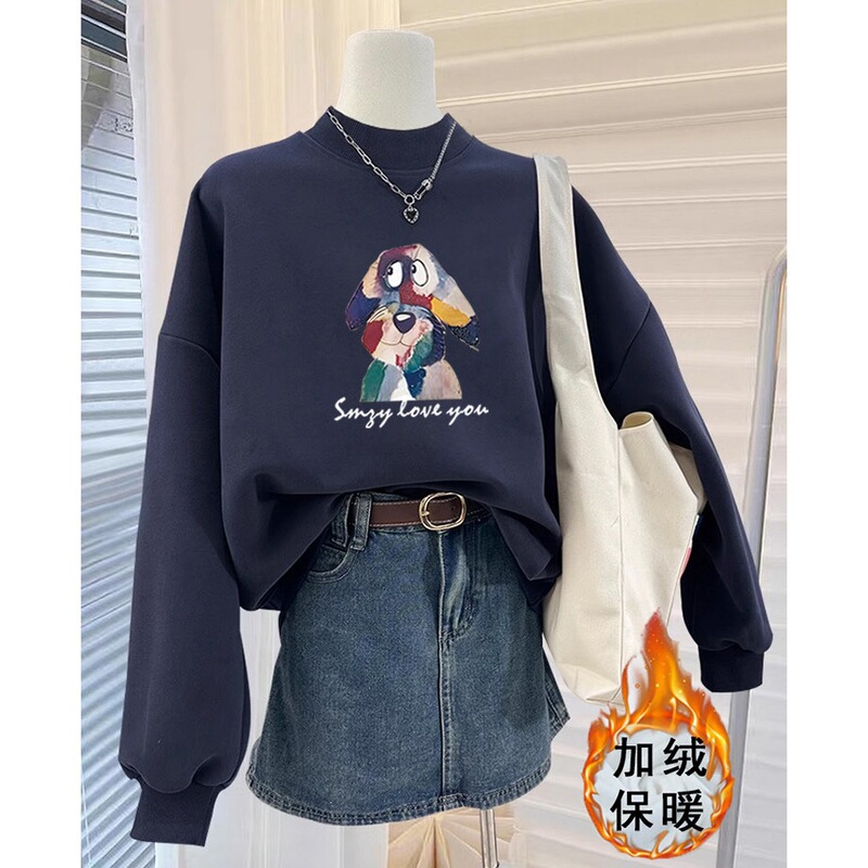 Stylish half-high collar pullover sweatshirt for women, 2026 new Korean version, loose casual top, fleece-lined and thickened for autumn and winter