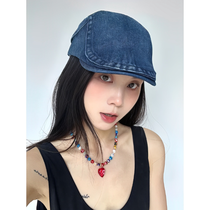 复古牛仔前进帽女春秋百搭反戴鸭舌贝雷帽大头围夏季英伦报童帽子|undefined