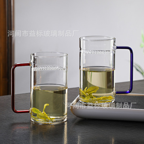 Thickened heat-resistant glass cup with five colors, round mouth with built-in filter, crescent cup, milk juice tea cup, office cup