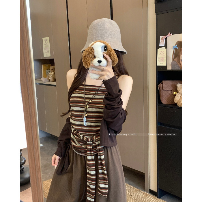 复古防晒套装女秋季长袖开衫上衣绑带打底条纹抹胸两件套|undefined