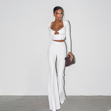 速卖通时尚女装欧美风跨境高级感气质修身纯色套装长裤长袖短上衣