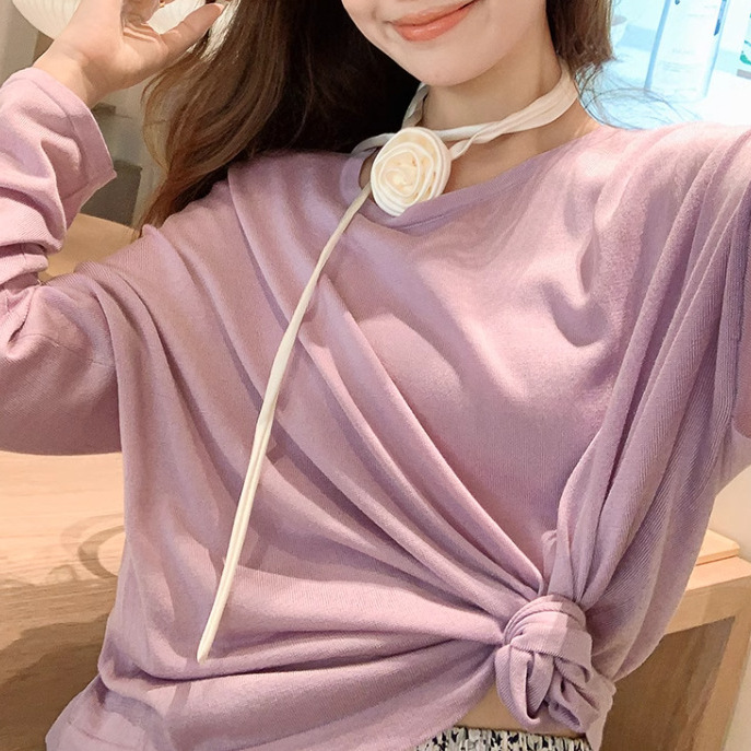 2026 New Mint Acetate Knit Shirt Summer Sun Protection Loose Long-Sleeve Cover-Up Casual Versatile T-Shirt Air Conditioning Shirt