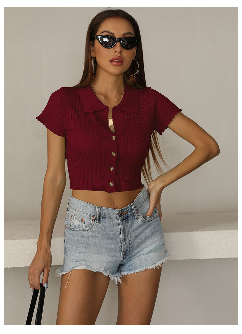 women s solid color lapel knitted bottoming short shirt nihaostyles wholesale clothing NSDMB79429