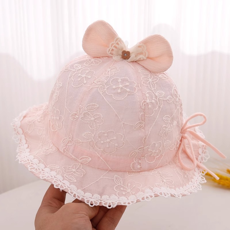 Sombrero para bebés primavera y otoño delgado sombrero de verano sombrero de sol princesa sombrero de mes pequeño sombrero de pescador sombrero de encaje transpirable