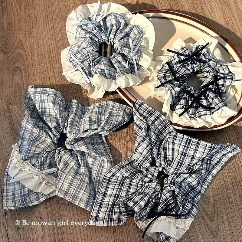 韩系蓝色格纹蝴蝶结方巾大肠发圈女高级感头圈发绳海燕头绳发饰品|undefined