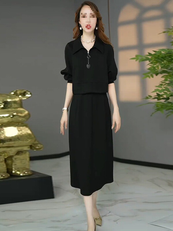 时尚亚马逊简约套装女2025秋季新款洋气短款卫衣显瘦背心裙两件套|undefined