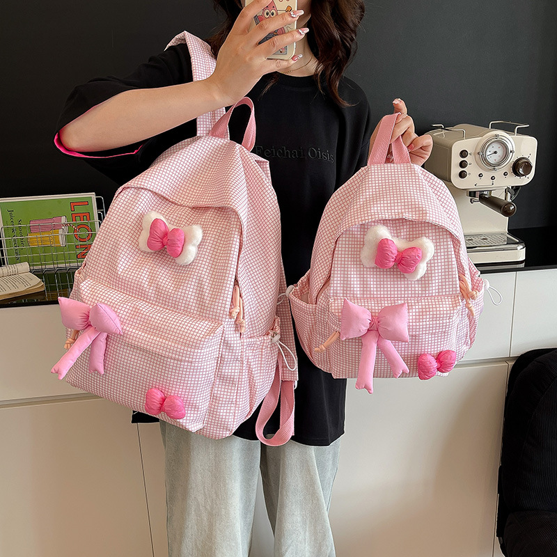 Bow Girl Backpack Cute Children Korean Style Large Capacity Student School Bag Fresh Plaid Girl Study Bag Batch