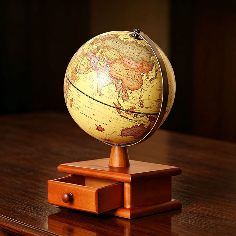 20cm HD Drawer Jewelry Box Storage with Lamp Vintage Globe Table Lamp Solid Wood Decorations Ornaments