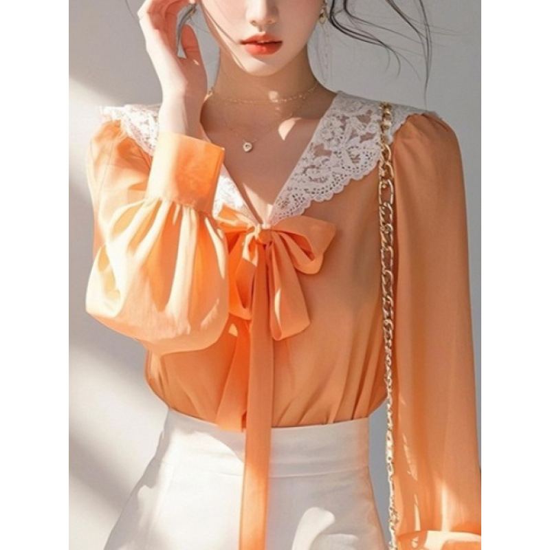 Orange Lace Lace Lace Long Sleeve Chiffon Shirt Women's 2025 Spring New Style Thin Unique Beautiful Small Top