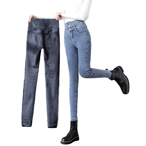 Velvet thickened high-waisted jeans for women with small feet, autumn and winter new thin and tight black high-rise pencil pants for women