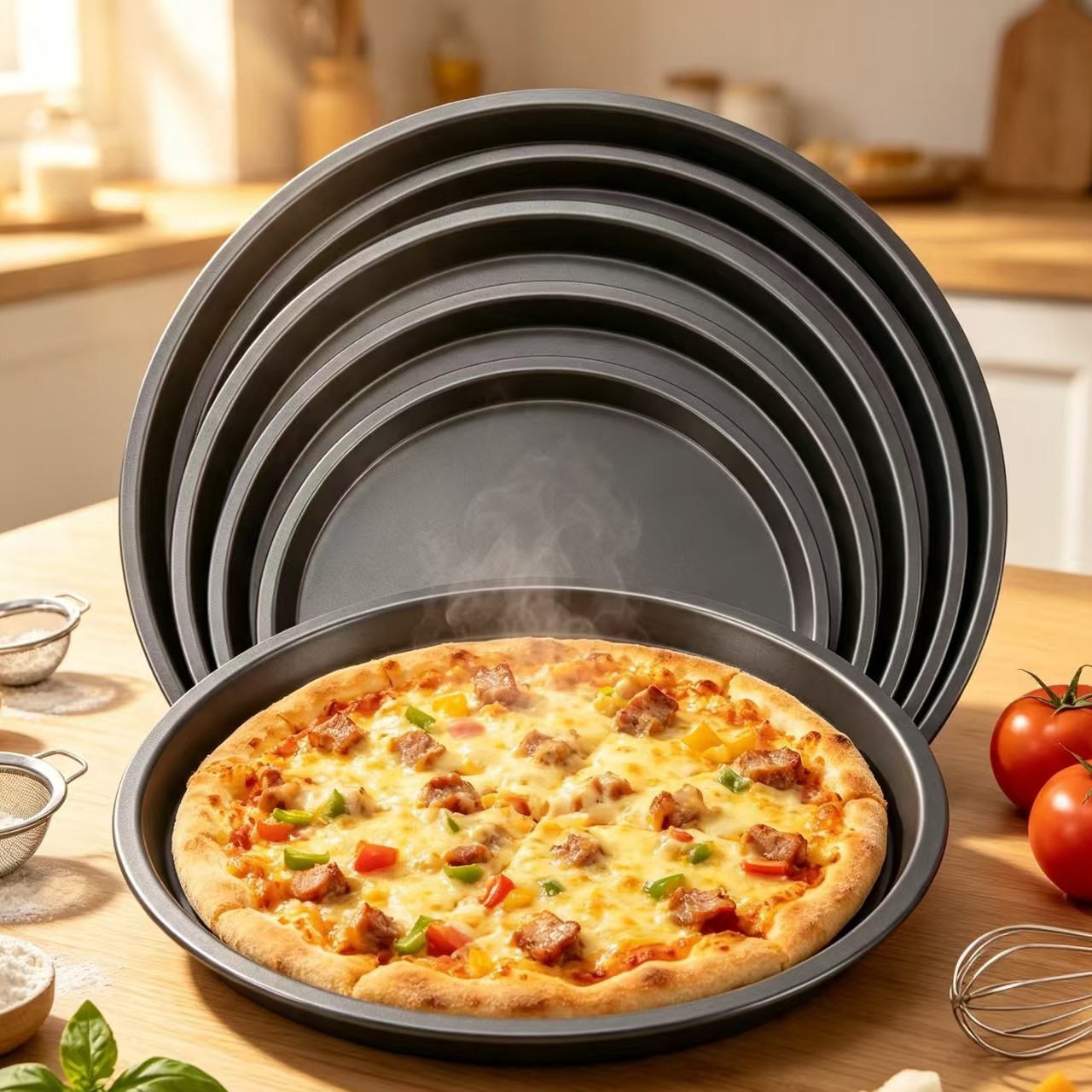 Round pizza pan, carbon steel baking mold, non-stick pan, practical baking tray, carbon steel home and commercial pizza baking tool