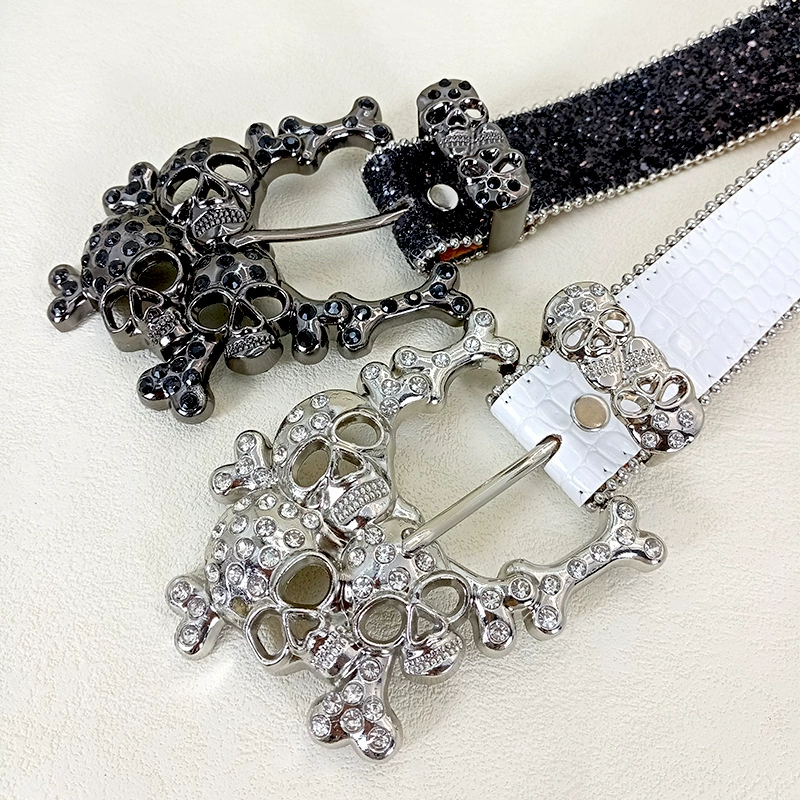 Нишевые гирлянды с rhinestones дизайны в виде призрачной головы и заклепанный пояс для женщин, декоративная юбка джинсы с поясом