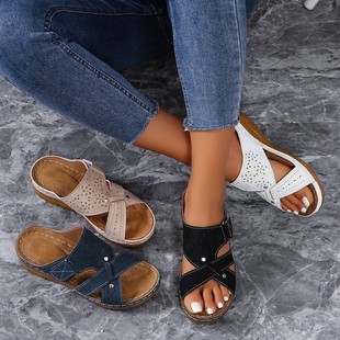 Cross-border plus size sandals and slippers 2024 summer new wedge heel thick bottom cross-belt sandals and slippers foreign trade beach slippers for women
