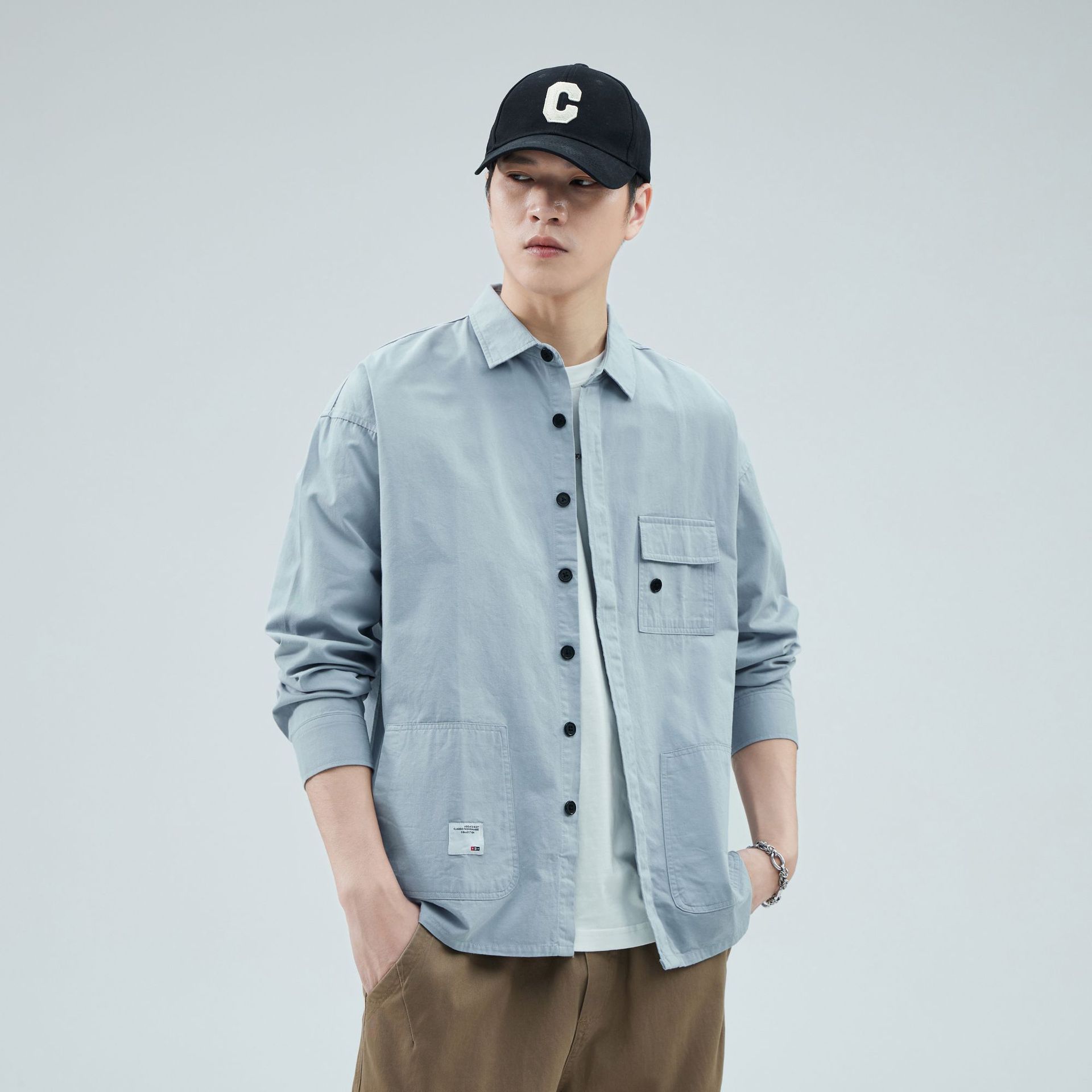 Camisas personalizadas de primavera y verano masculinas, ropa suelta, algodón coreano casual simple, bolsillo único, fresco, japonés