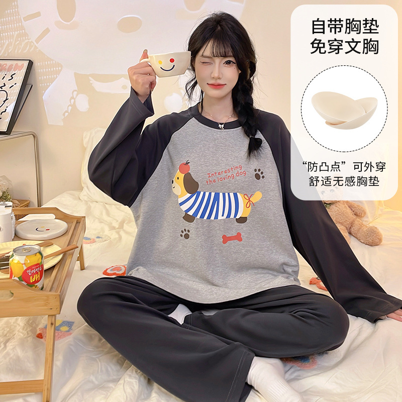 Women's Bra-Free Pajamas with Breast Pads, Women's Long-Sleeved Pants, Korean Style Cartoon Two-Piece Pajamas, Home Clothes, Autumn and Winter