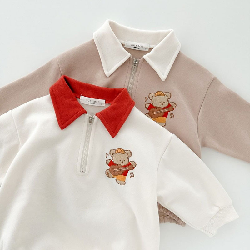 Ropa Infantil de Otoño Estilo Coreano, Mono de Manga Larga con Bordado de Oso y Solapa de Algodón para Niños y Niñas
