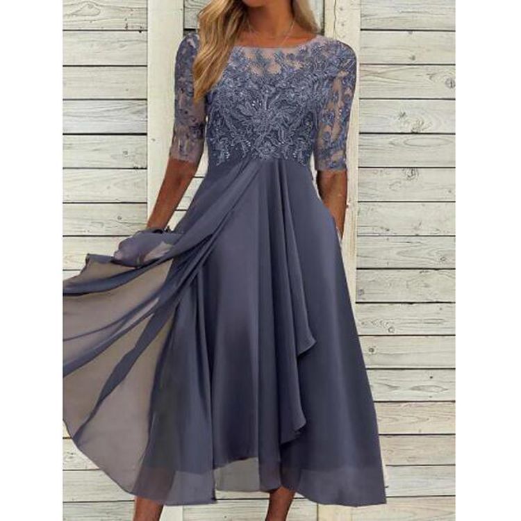 2025 European Station Cross-Border Amazon Dress Chiffon Splicing Lace Hollow Long Dress Bridesmaid Evening Dress Women's Clothing
