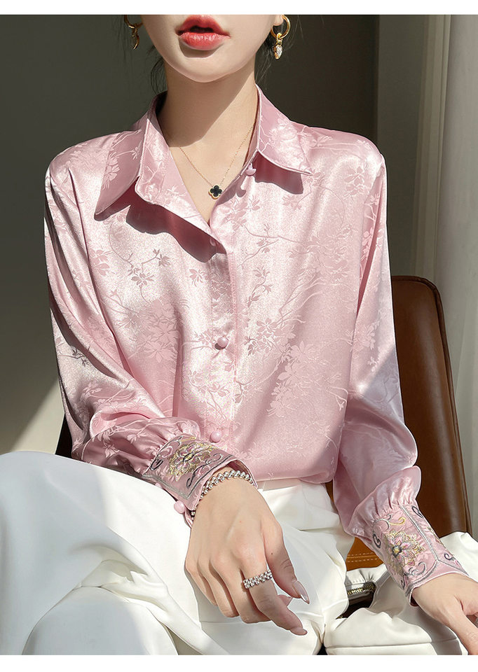 Áo sơ mi nữ dài tay cổ sơ mi thêu hoa văn jacquard chất satin cao cấp — Màu be, Màu hồng, Màu đen chi tiết 12