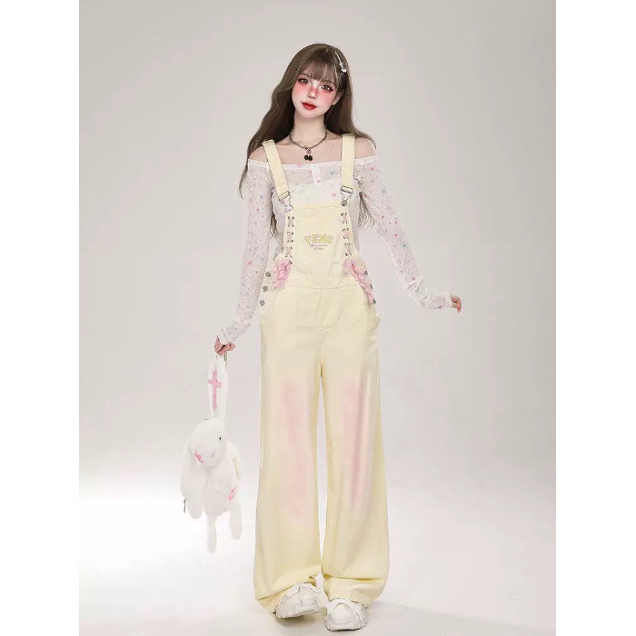多巴胺渐变带奶fufu背带裤女春夏美式复古甜酷辣妹连体牛仔背带裤|undefined