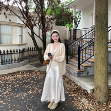 实拍 秋冬韩版慵懒风宽松毛衣开衫针织背心+蕾丝缎面开叉裙套装女