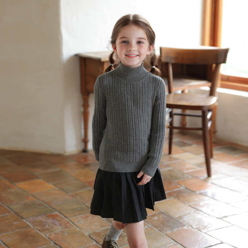 Suéter infantil, camiseta de punto, otoño y invierno, niñas y niños, cuello medio alto, bebé, camiseta de punto de fondo de color sólido, niños y niños