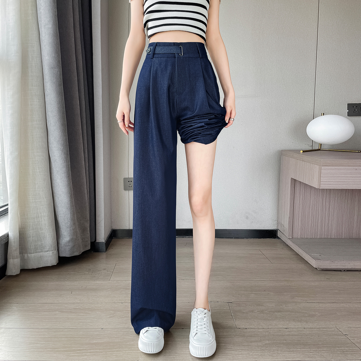 Quần jean nữ ống rộng cạp cao chất liệu mát lạnh — màu xanh đậm chi tiết 3