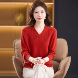 秋冬新款羊毛针织衫时尚v领显瘦年轻妈妈毛衣大码宽松100%羊毛，女装针织衫/毛衣，妃慕昵服饰