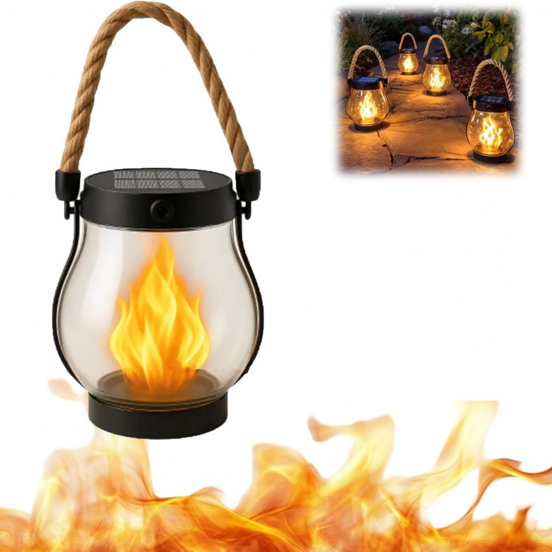 Cross-Border New Solar Lanterns, Hemp Rope Hanging Flame Lanterns, Outdoor Lights, Dancing Flame Solar Lights