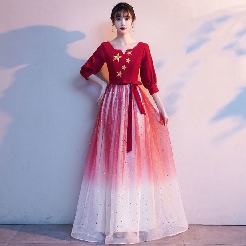 红歌大合唱团演出服女成人长裙指挥朗诵独比赛服装唱渐变红色礼服|undefined