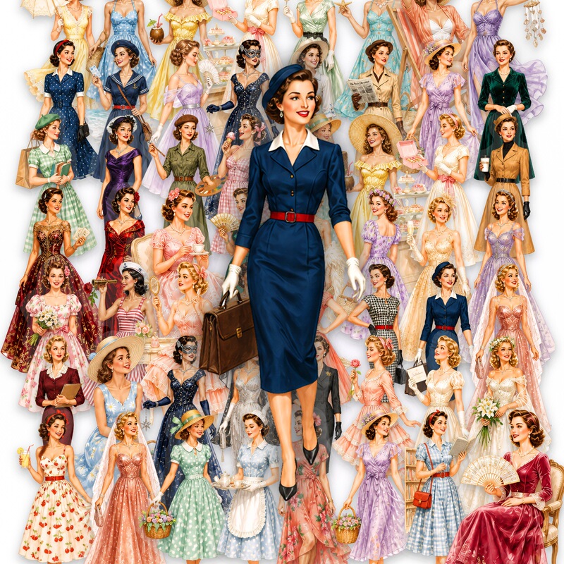 50 Pieces of Elegant Ladylike Pet Transparent Stickers from the 1950S, European and American Retro Character Series, Waterproof Decorative Stickers for Mobile Phones