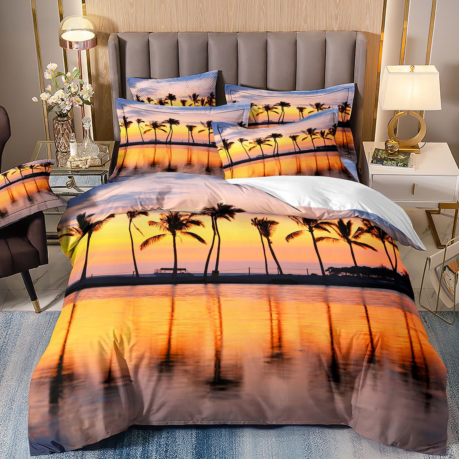 跨境专供3d印花床上用品三件套夕阳海报风景椰子树羽绒被套批发
