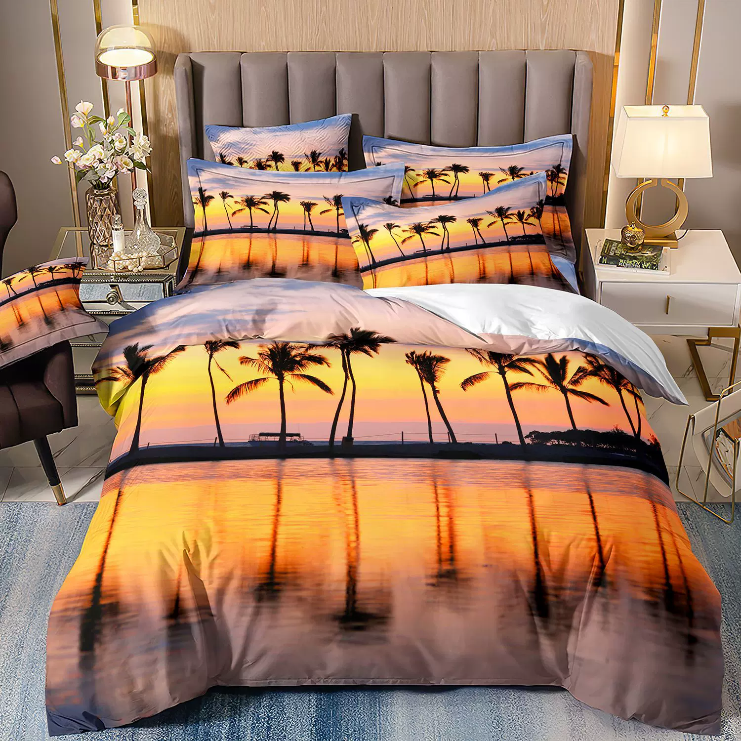 跨境专供3d印花床上用品三件套夕阳海报风景椰子树羽绒被套批发