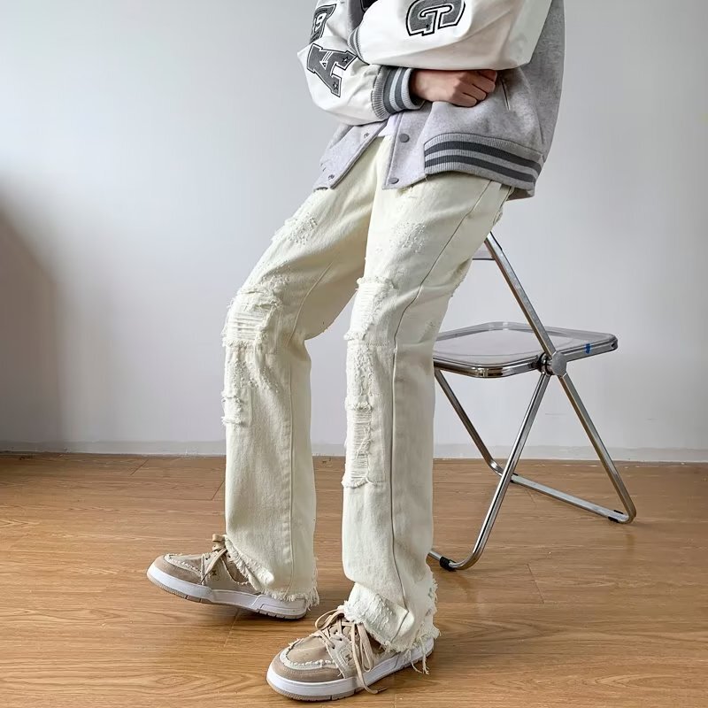 European and American high street straight mop draping jeans men's loose ripped patch bf design sense niche ruffle handsome trousers