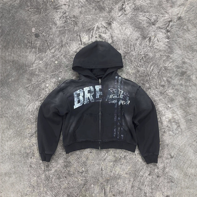 Y2K European and American Cross-Border New American Street High Street Distressed Imitation Worn Niche Letter Print Hooded Zipper Sweatshirt