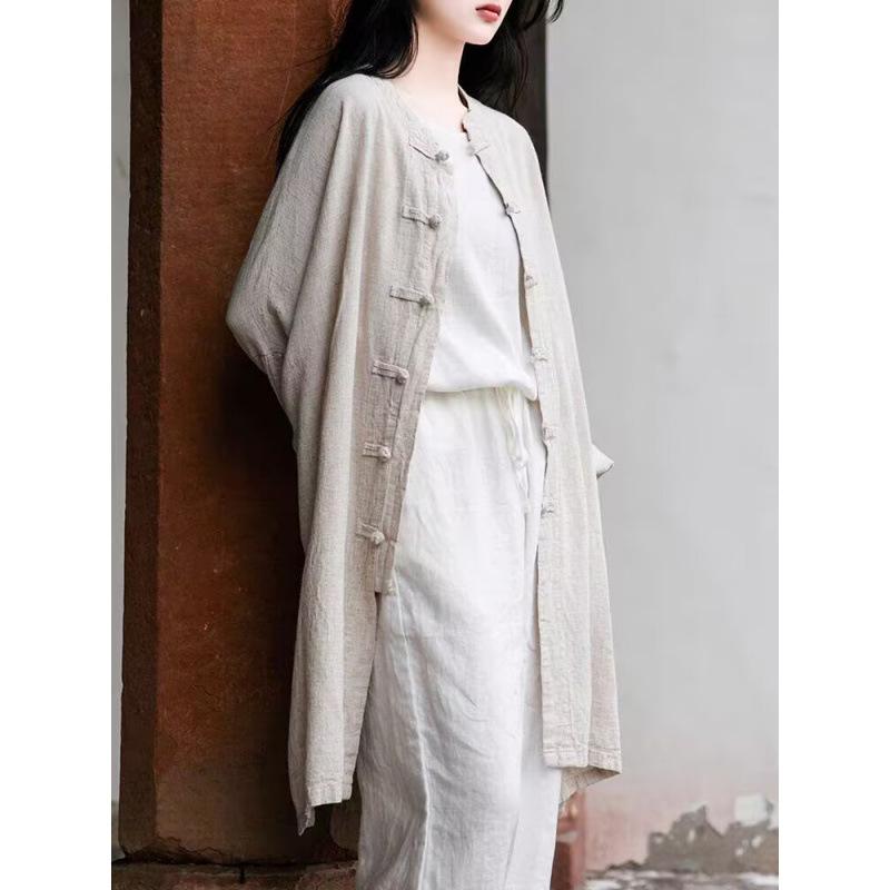 亚麻复古衬衫女2025宽松中长款长袖太极服上衣棉麻衬衣裙|undefined