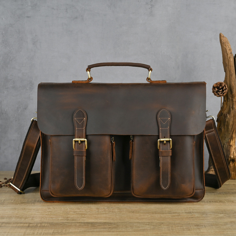 Men's Genuine Leather Briefcase 16 Inch Laptop Bag Handbag Premium Crazy Horse Leather Travel Bag G011