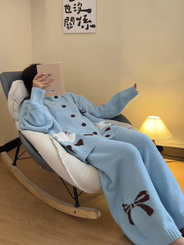 可爱甜美针织半边绒睡衣女秋冬新款大码保暖开衫长裤家居服可外穿|undefined